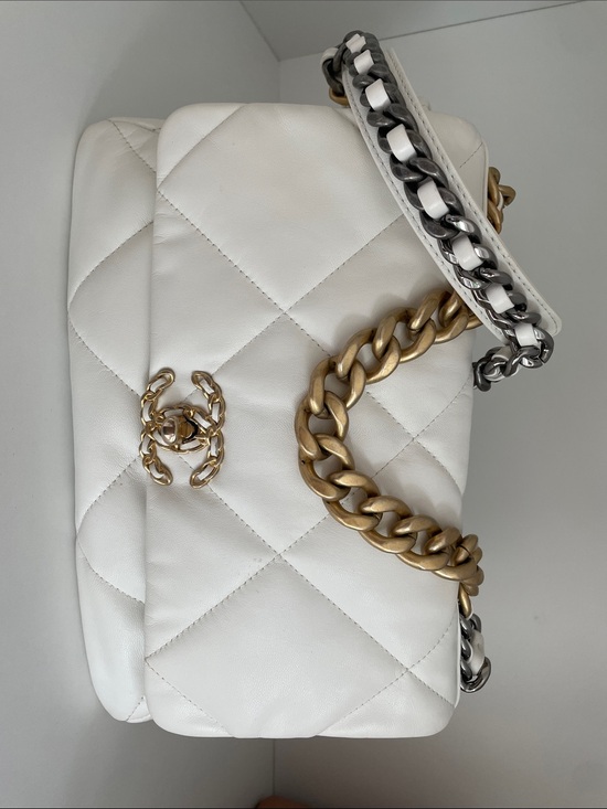 CHANEL Handbags - Chanel 19 - Large White Quilted Lambskin Shoulder Bag with Gold & Silver Chain